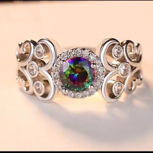 New Silver Scroll Butterfly Rainbow Topaz Ring 8